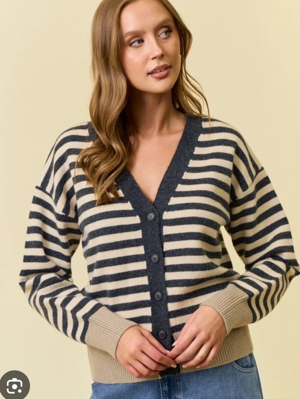 Striped V-Neck Button Cardigan Sweater - Charcoal and Cream